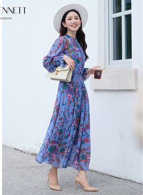 LK BENNETT紫色印花连衣裙女23新款春秋长袖薄纱氛围感浪漫长裙