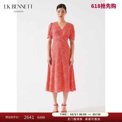 LK BENNETT红色印花连衣裙春夏新款v领收腰桑蚕丝法式茶歇