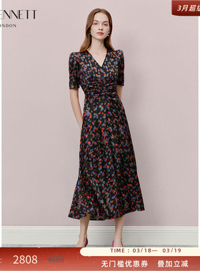 LK BENNETT黑色连衣裙2025年夏新款褶裥抽褶A字摆气质优雅泼墨印