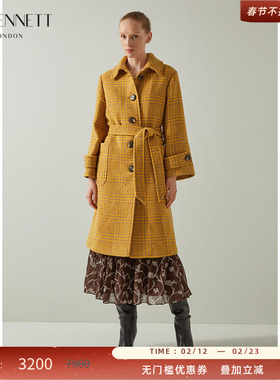 LK BENNETT娇黄色格纹绵羊毛大衣冬新款翻领大纽扣腰带设计