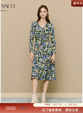 LK BENNETT绿色花卉印花裙秋新款腰部抽褶设计绵羊毛连衣裙