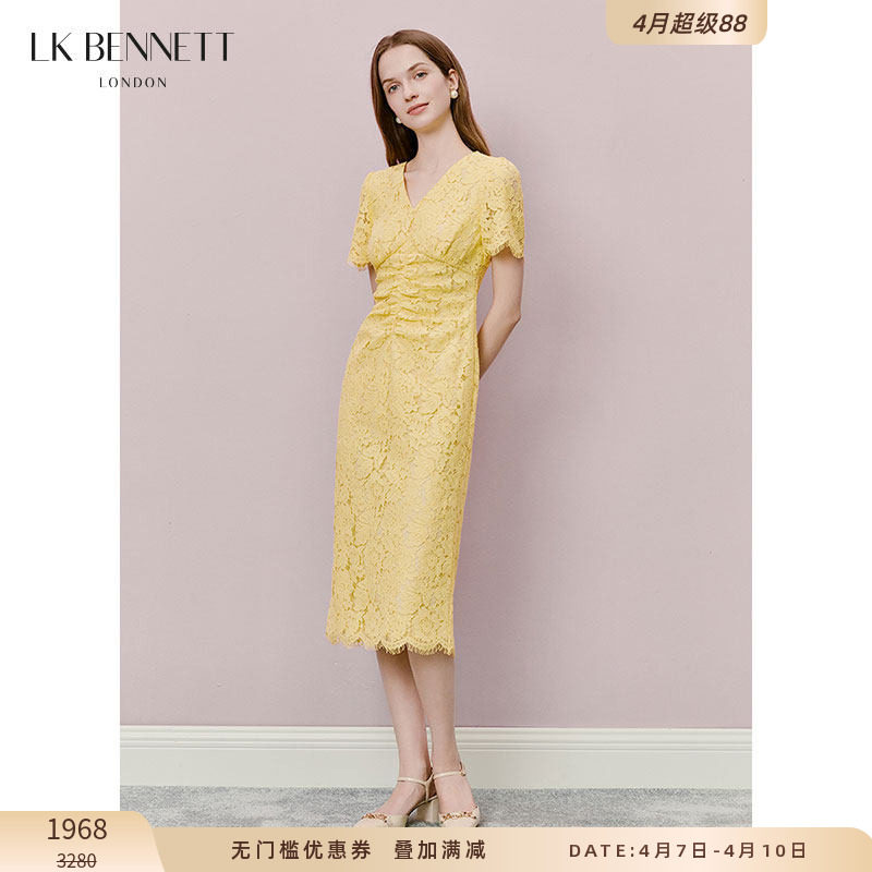 LK BENNETT淡黄色V领收腰法式复古蕾丝连衣裙优雅气质氛围感裙子