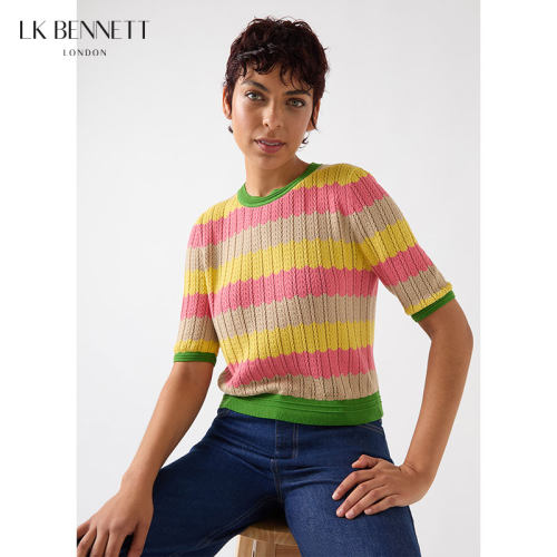 LK BENNETT彩色条纹针织上衣女春新款撞色圆领套头短款短袖