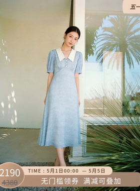 LK BENNETT蓝色连衣裙女夏季法式气质千鸟格娃娃领收腰短袖长裙
