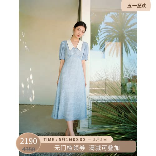 LK BENNETT蓝色连衣裙女夏季法式气质千鸟格娃娃领收腰短袖长裙 - 封面