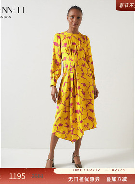 LK BENNETT黄色印花连衣裙女秋新款圆领长袖褶皱不规则下摆