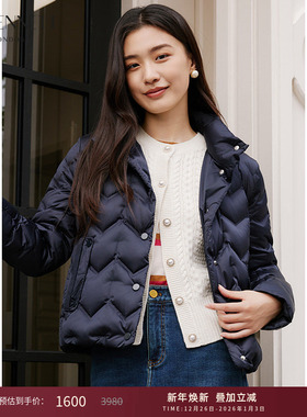 lkbennett深蓝色白鹅绒羽绒服冬新款时尚短款翻盖口袋设计