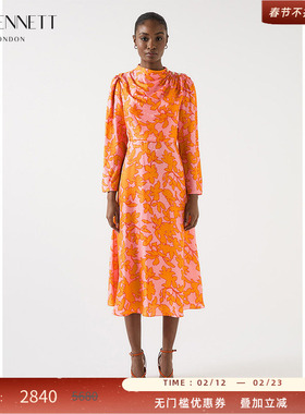 LK BENNETT橙色连衣裙女2025年秋季新款珠扣抽褶长袖桑蚕丝收腰裙