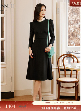 LK BENNETT黑色气质连衣裙女冬新款法式收腰显瘦褶皱小黑裙