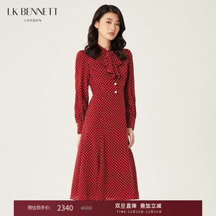 lkbennett酒红色波点真丝连衣裙女秋长袖 长裙桑蚕丝 蝴蝶结法式