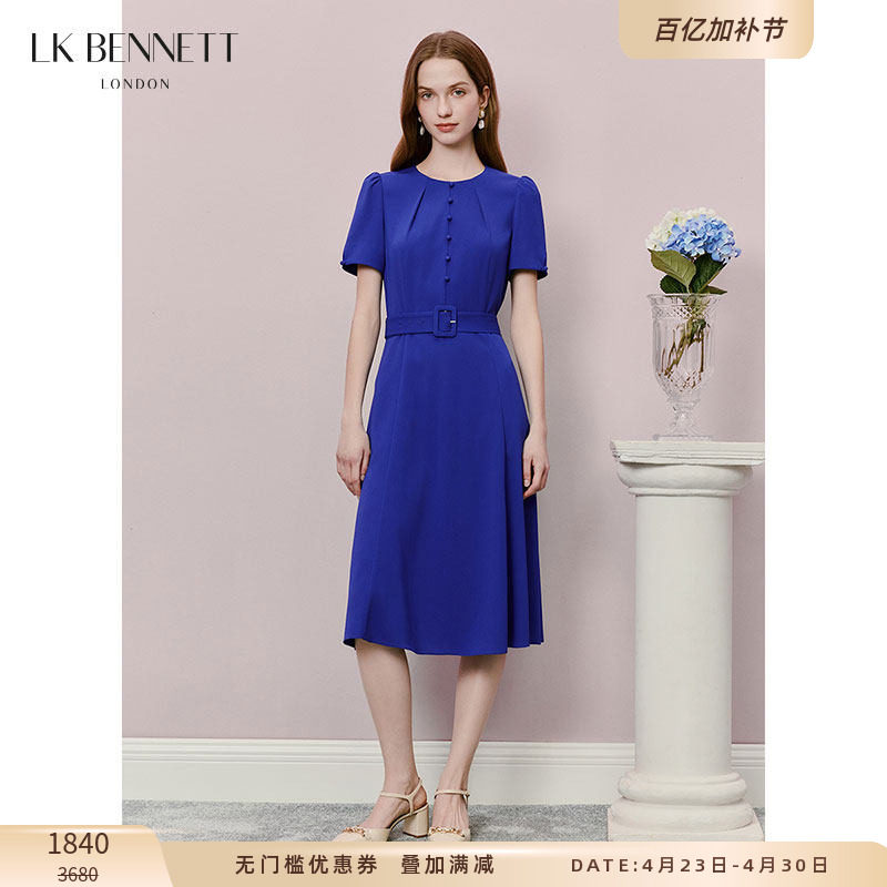 LK BENNETT蓝色连衣裙夏新款圆领腰带短袖高智风钴蓝简约高级感