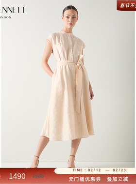LK BENNETT米色连衣裙2025年秋季新款女小立领收腰单排扣衬衫裙