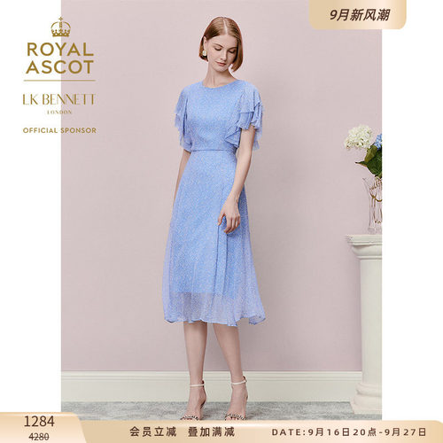【皇家赛马会】LK BENNETT蓝色连衣裙女春新款法式荷叶袖