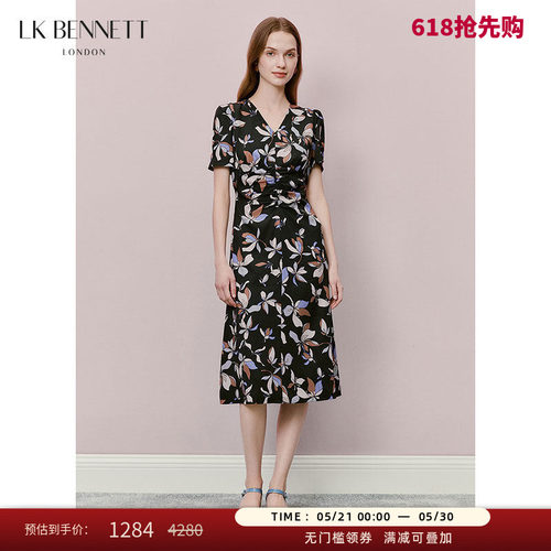 LK BENNETT黑色印花连衣裙夏新款连衣裙碎花V领气质
