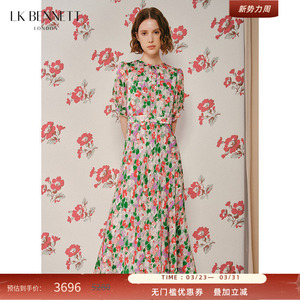 【真丝】LK BENNETT高级感印花连衣裙短袖收腰桑蚕丝缎面感长裙