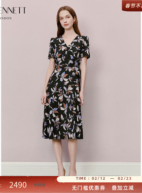 LK BENNETT黑色印花连衣裙2025年夏新款V领腰部系带法式茶歇裙