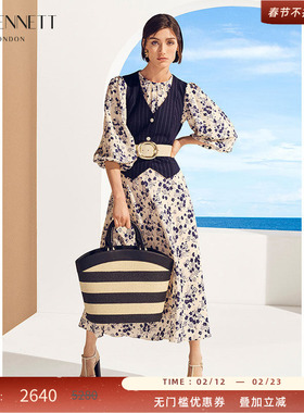 LK BENNETT米色素雅印花连衣裙2025年春新款圆领灯笼袖收腰长款