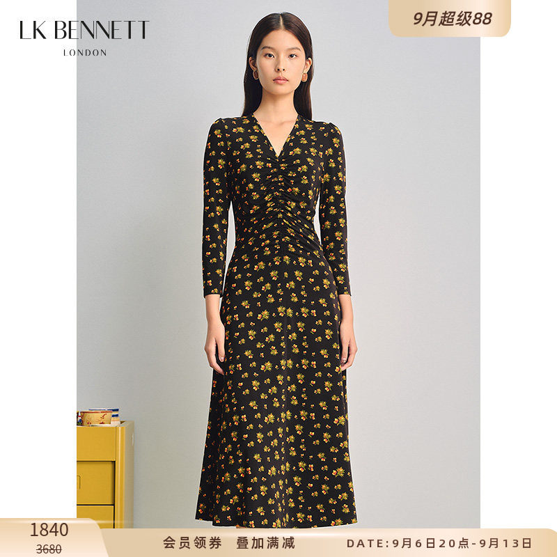【朱珠同款】LK BENNETT黑色碎花连衣裙女春v领收腰优雅印花长裙