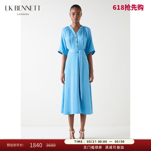LK BENNETT蓝色连衣裙女秋季新款v领插肩袖收腰系带抽褶长