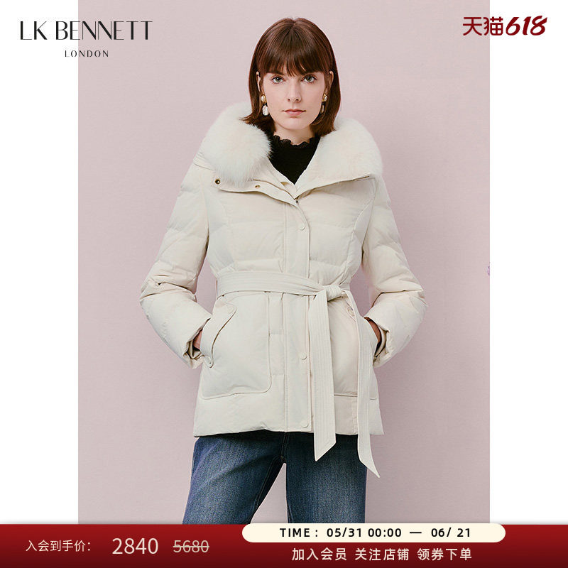 LK BENNETT白色羽绒服女冬季款连帽鹅绒狐狸毛领系带外套