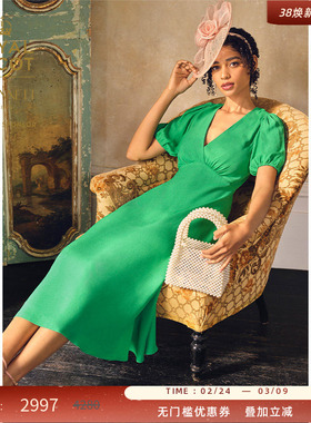 【皇家赛马会】LK BENNETT绿色连衣裙女2025年春新款V领泡泡袖高