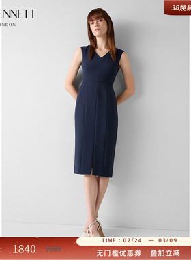LK BENNETT深蓝色无袖连衣裙2025年秋季新款简约v领气质通勤收腰