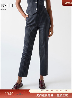 LK BENNETT深蓝色条纹西装裤女2025年春新款高腰职业小脚正装裤