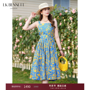 LK BENNETT蓝色纯棉印花吊带连衣裙2025年夏新款方领收腰法式优雅