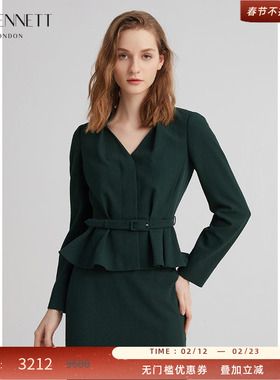 【刘敏涛同款】LK BENNETT墨绿色西装外套2025年春荷叶边下摆通勤