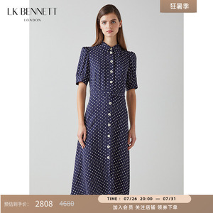 LK BENNETT深蓝波点真丝连衣裙女长款夏新款法式气质复古港风