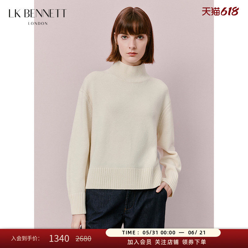 LK BENNETT白色毛衣冬新款100%绵羊毛套头小高领简约纯色上衣