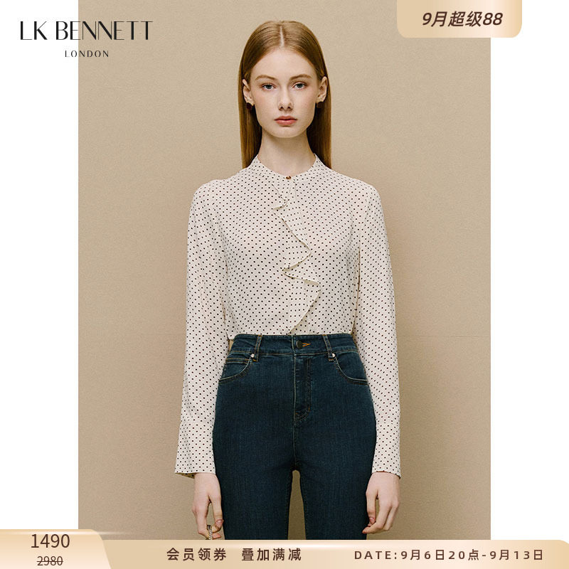 LK BENNETT米白色波点上衣春新款复古荷叶边设计长袖衬衫