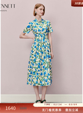 LK BENNETT蓝绿色纯棉印花连衣裙2025年夏新款本布腰带收腰衬衫裙