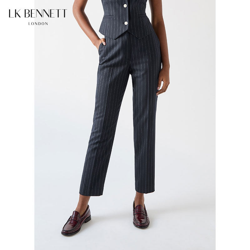 LK BENNETT深蓝色条纹西装裤女春新款高腰职业小脚正装裤