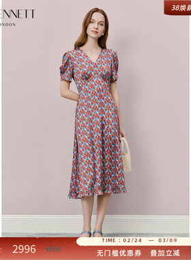 【朱珠同款】LK BENNETT红色连衣裙夏新款印花优雅气质真丝连衣裙