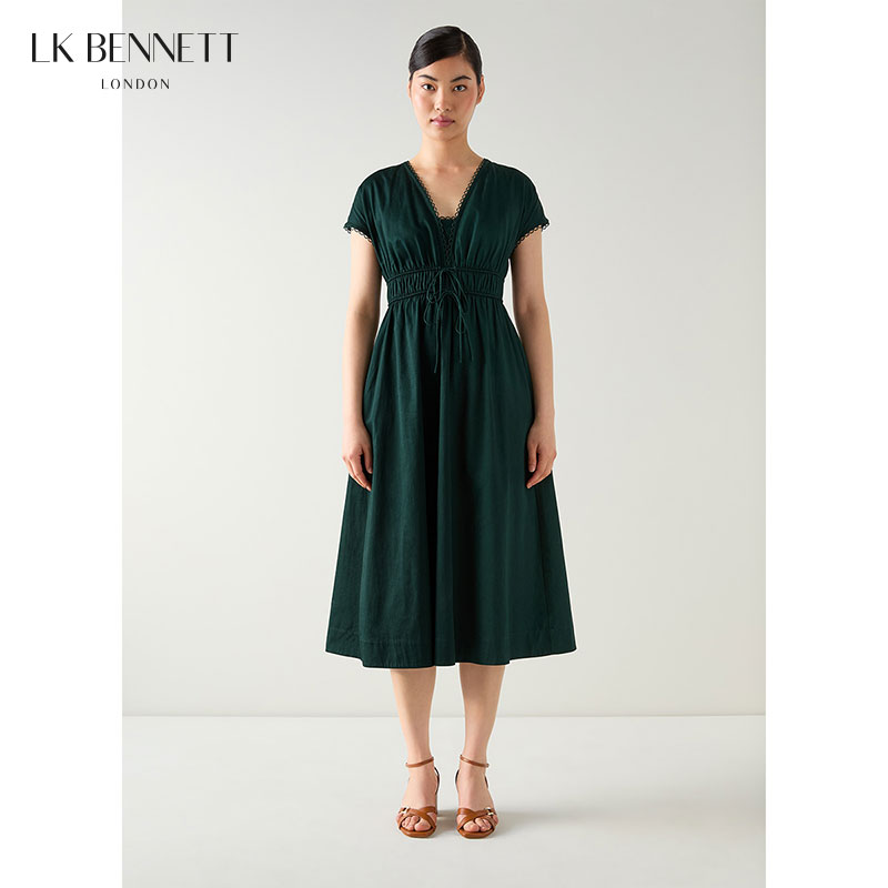 lkbennett深绿色连衣裙2025年夏新款纯棉v领落肩抽绳收腰气质长裙