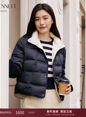lkbennett藏蓝色白鹅绒羽绒服冬新款时尚保暖隐形口袋设计