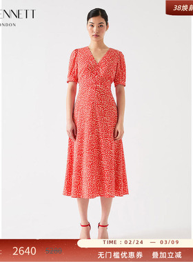 LK BENNETT红色印花连衣裙2025年春夏新款v领收腰桑蚕丝法式茶歇