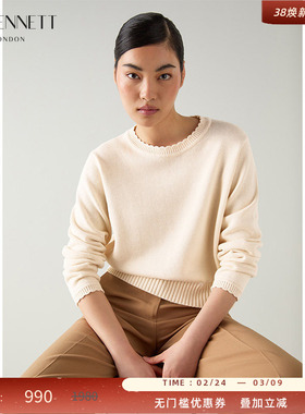 LK BENNETT米色毛衣2025秋冬新款花瓣领落肩袖套头罗纹针织衫