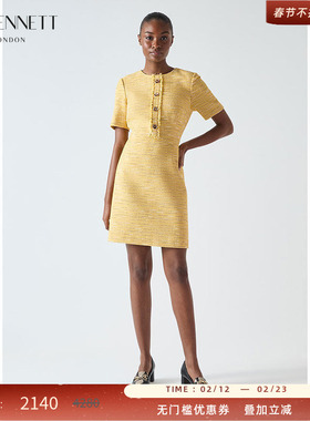 LK BENNETT黄色小香风连衣裙2025年春新款气质圆领收腰短款
