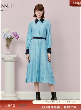 LK BENNETT蓝色连衣裙女2025年秋季新款提花衬衫领撞色中长款系带