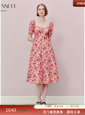 LK BENNETT粉色碎花连衣裙女夏泡泡袖桃心领高腰长裙法式度假风