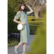 lkbennett绿色真丝连衣裙女夏2023新款娃娃领桑蚕丝短款碎花裙