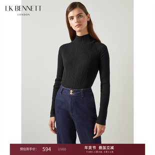 LK BENNETT黑色半高领针织衫冬新款编织纹理插肩袖修身毛衣