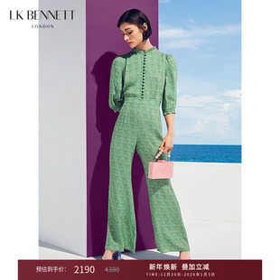 微喇长裤 lkbennett绿色印花连体裤 花边立领泡泡袖 新款 女2025夏季