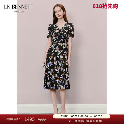 LK BENNETT黑色印花连衣裙夏新款V领腰部系带法式茶歇裙