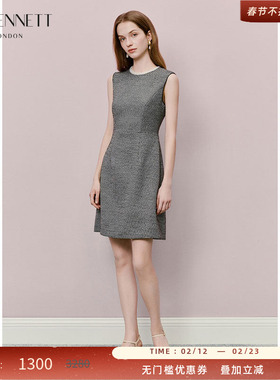 LK BENNETT黑灰色连衣裙冬新款复古优雅圆领肌理感收腰短款