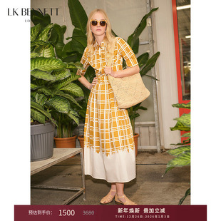 收腰衬衫 撞色格子短袖 裙 夏季 lkbennett黄色格纹连衣裙女新款