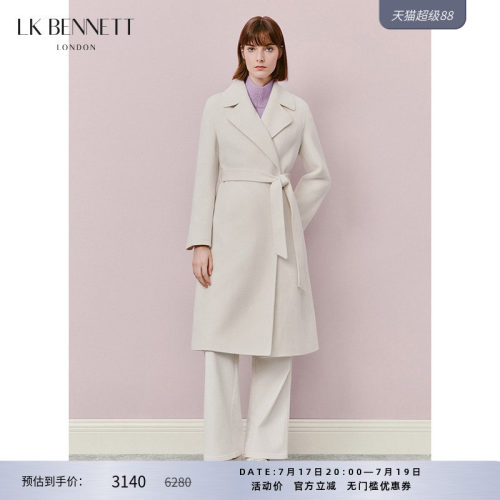 LK BENNETT白色羊毛大衣女冬新款中长款时尚纯色系带外套