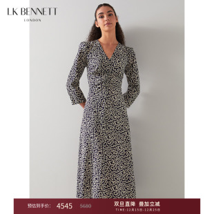 lkbennett印花真丝连衣裙女春秋v领收腰优雅长裙蚕丝 朱珠同款